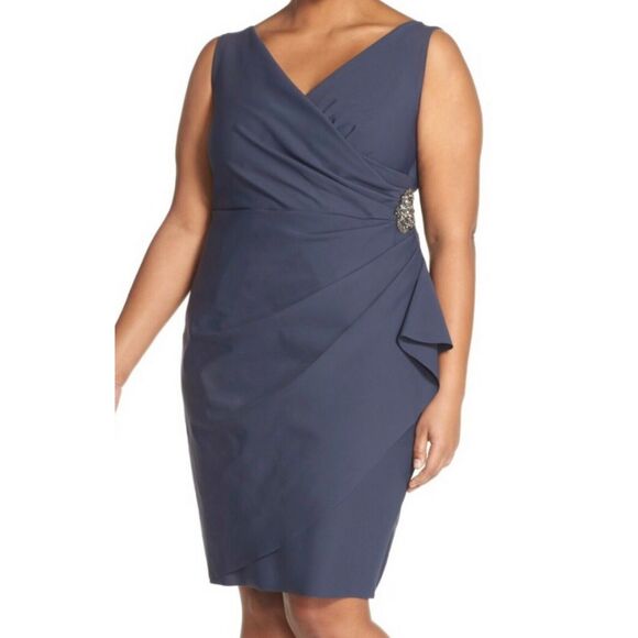 Alex Evenings dress navy blue short ruched sheath faux wrap - Picture 1 of 5